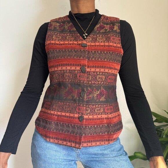 Vintage Indie V-neck button down Floral sleeveless waistcoat vest - Picture 3 of 4